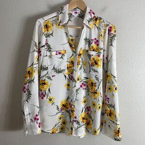 Express Portofino Shirt Womens Medium Floral Button Up Blouse Roll Tab Sleeve